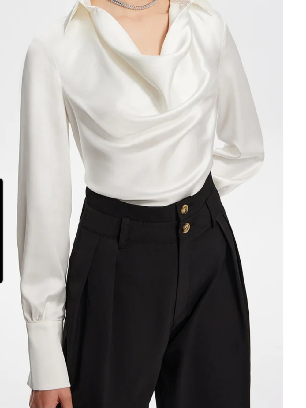 Commense V-Neck Pleated Long Sleeve Blouse, White, Large, New w/Tags